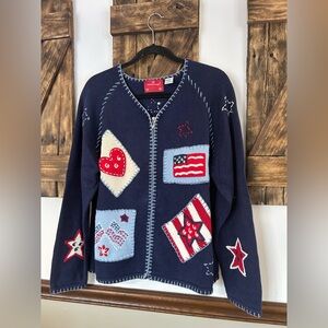 VTG Holiday Lodge Patriotic Cardigan American Flag Stars Heart Knit Sweater